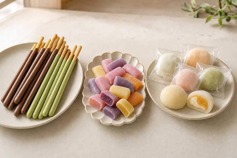 Pocky jellegű bevonatos pálcikák, gyümölcsös Hi-Chew jellegű rágócukrok és töltött mini mochi összehasonlítása első japán édességrendeléshez