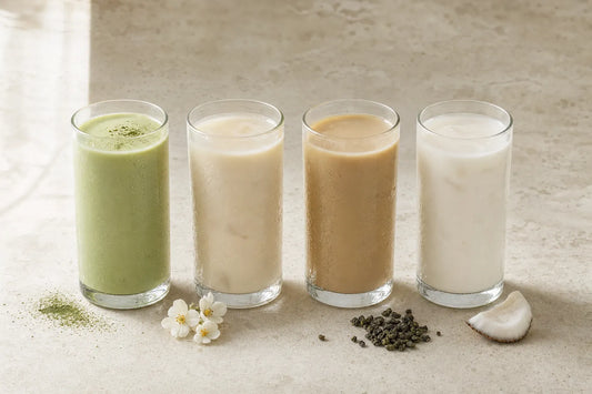Matcha-, jázmin-, oolong- és kókuszlatte négy pohárban, természetes ízmotívumokkal összehasonlítva