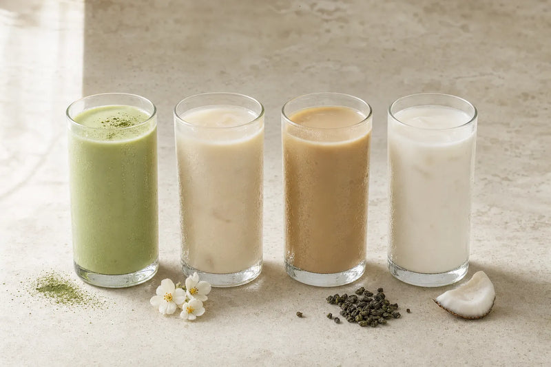 Matcha-, jázmin-, oolong- és kókuszlatte négy pohárban, természetes ízmotívumokkal összehasonlítva