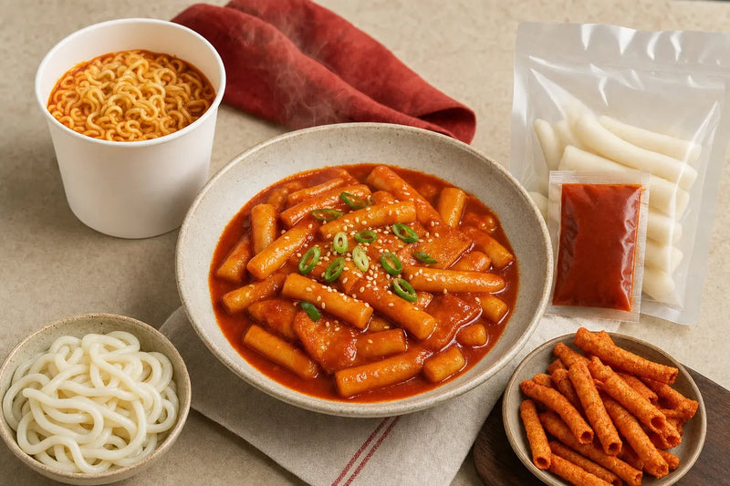 Tteokbokki egy tálban, mellette különböző topokki termékformák: instant pohár, főzős készlet, udon és chips