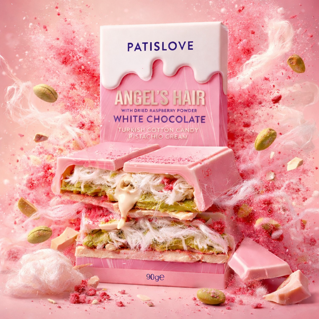 Angel's Hair Málnaporos Fehércsokoládé Piszáciakrémmel és Vattacukorral Töltve 90G