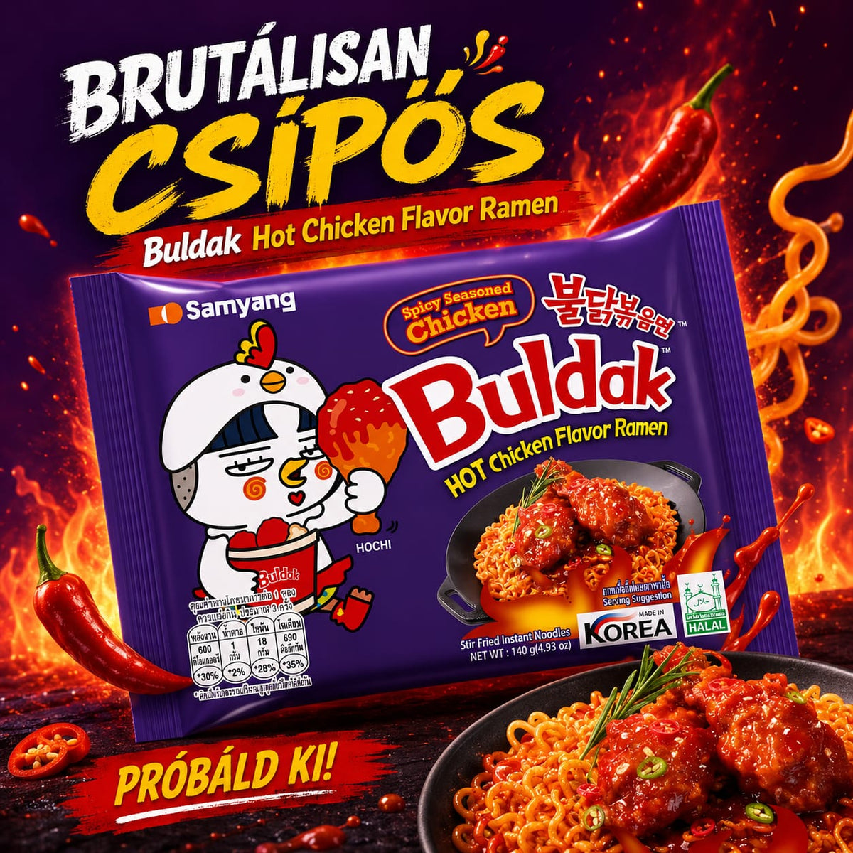 Samyang Buldak Koreai Édes-Csípős Rántott Csirke Ízű Ramen 140G